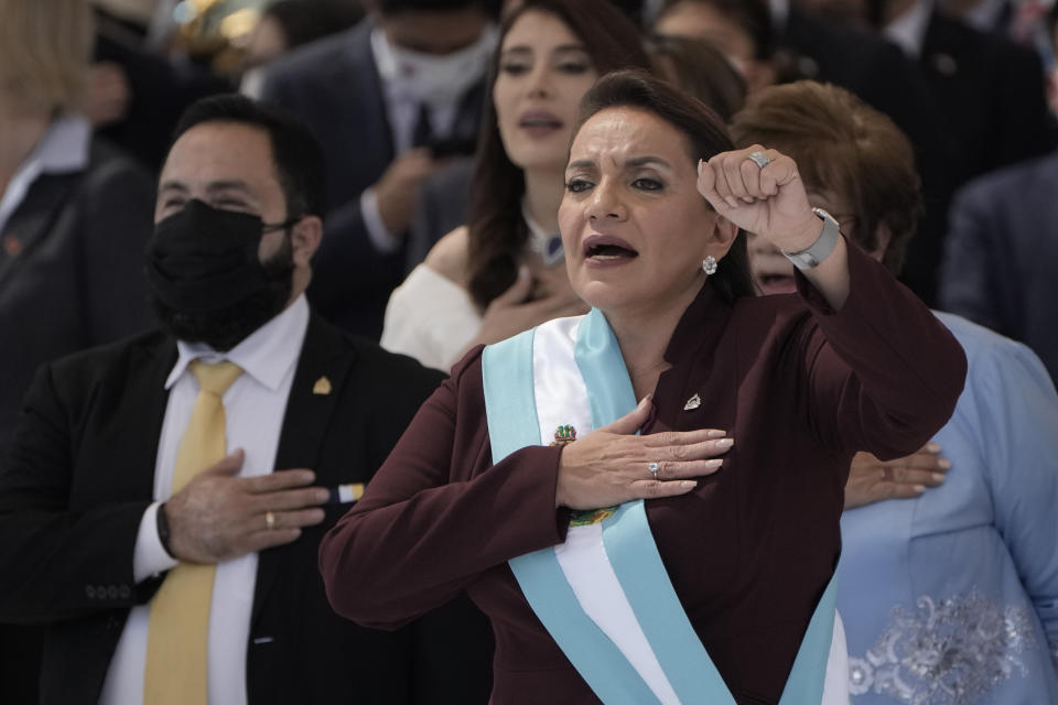 Xiomara Castro is sworn-in as Honduras' first female president at the National stadium in Tegucigalpa, Honduras, Thursday, Jan. 27, 2022. (AP Photo/Moises Castillo)