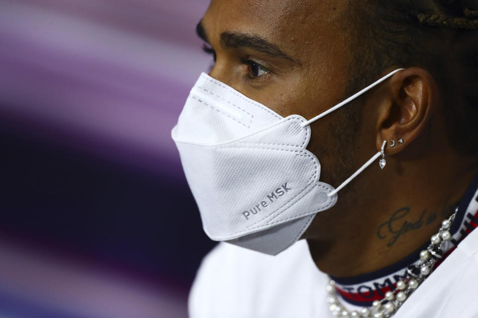 Mercedes driver Lewis Hamilton of Britain attends the Formula One Bahrain Grand Prix press conference in Sakhir, Bahrain, Thursday, March 25,2021. (Dan Istitene, Pool via AP)