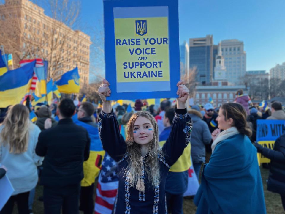 Loiek attends a rally in support of Ukraine, her home country.