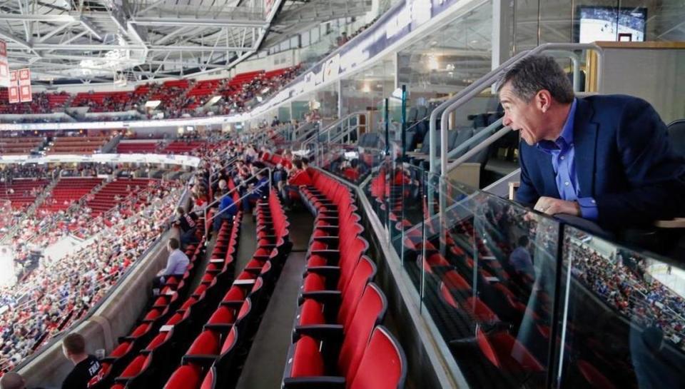 Gov. Roy Cooper watches the action during a game played between the Carolina Hurricanes and the Toronto Maple Leafs at PNC Arena in February 2017. Gov. Cooper is an avid Canes hockey fan.