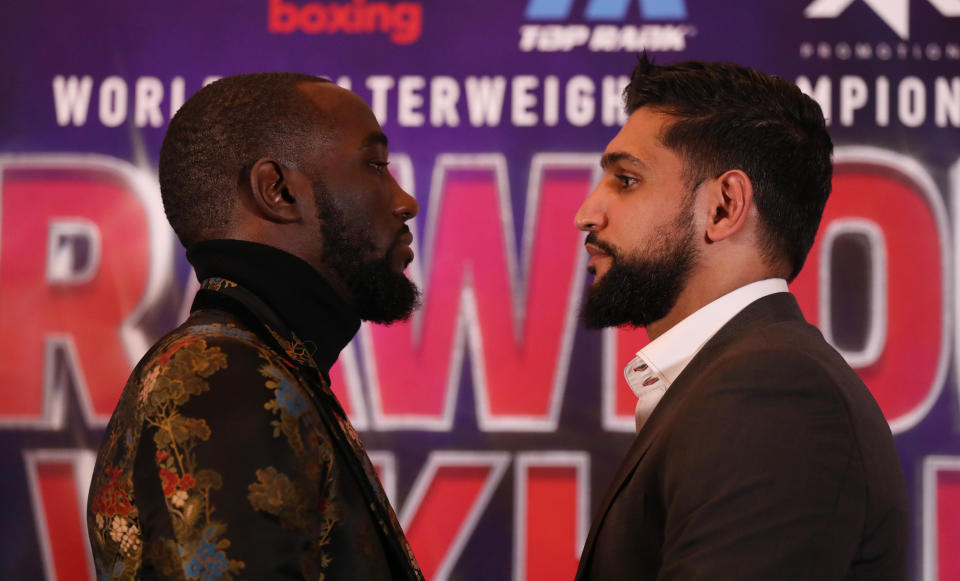 Terence Crawford (left) and Amir Khan during the press conference at The Landmark London Hotel, London. (Photo by Isabel Infantes/PA Images via Getty Images)