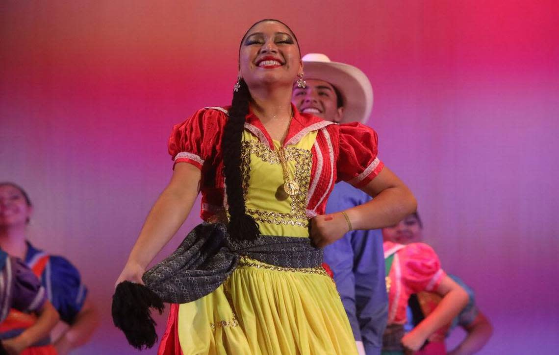 Leslie Gonzales performs ‘La Guayabita’ from Puebla at the Central East Danzantes de Tláloc 25th anniversary show at the Performing Arts Center on May 26, 2023.