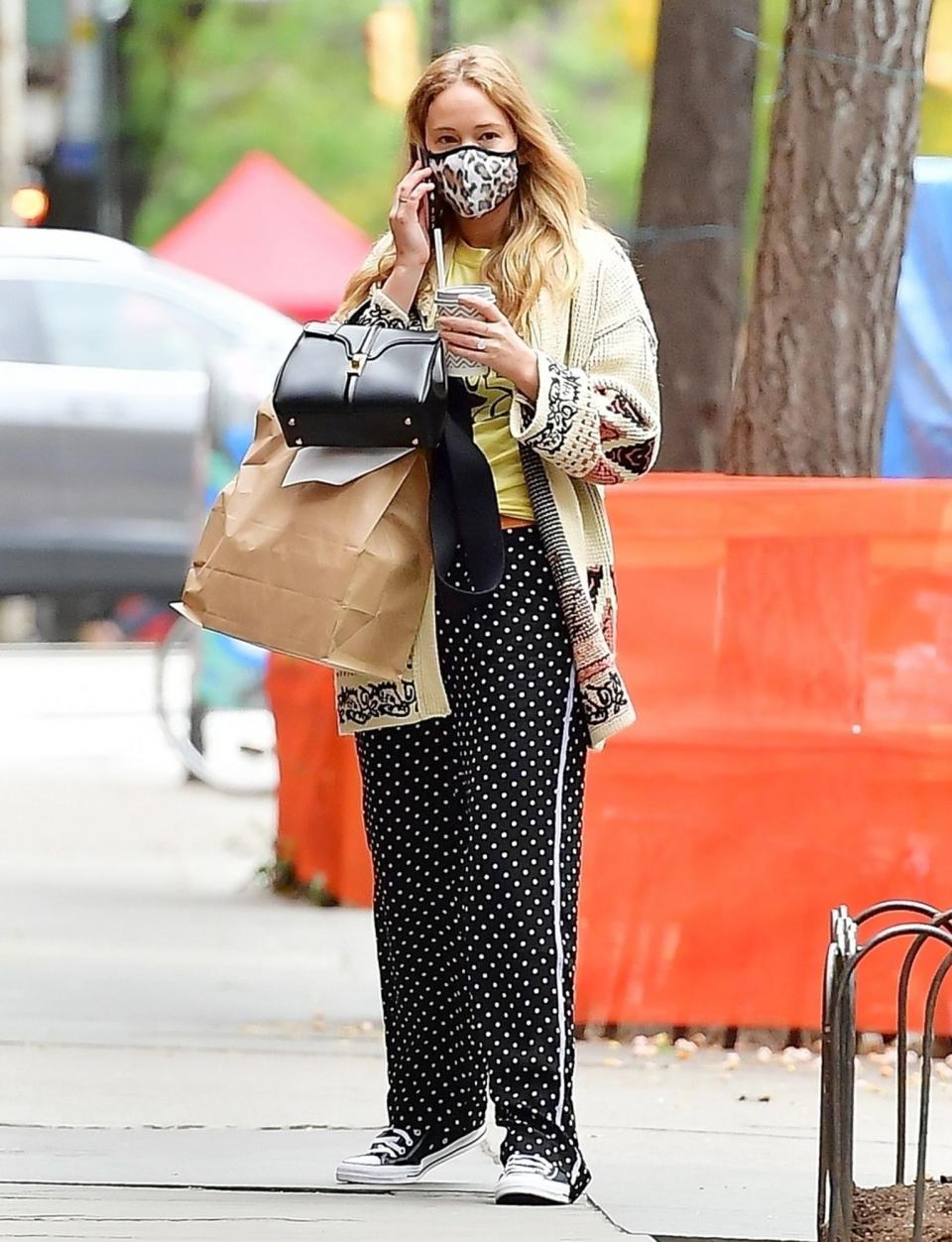 <p>Jennifer Lawrence steps out in polka dot pants to meet friends for lunch on Monday in N.Y.C. </p>