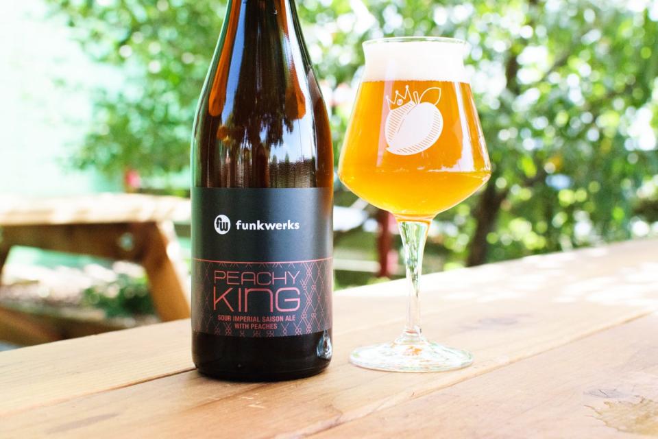 Peachy King, a barrel-aged imperial saison, was created as a version of Funkwerks' Tropic King.