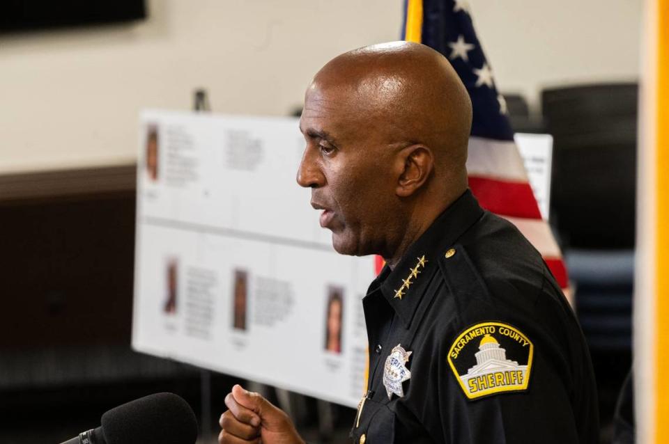 Sacramento County Sheriff Jim Cooper speaks at a press conference Wednesday, Sept. 27, 2023 about the arrest of Zareonna Harris, a medical assistant assigned to the Main Jail. She is one of six people arrested for their involvement in an operation to smuggle drugs into the jail in exchange for money.