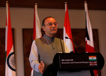 India's Finance Minister Arun Jaitley speaks during a joint news conference with Britain's Chancellor of the Exchequer Philip Hammond in New Delhi, India April 4, 2017. REUTERS/Altaf Hussain