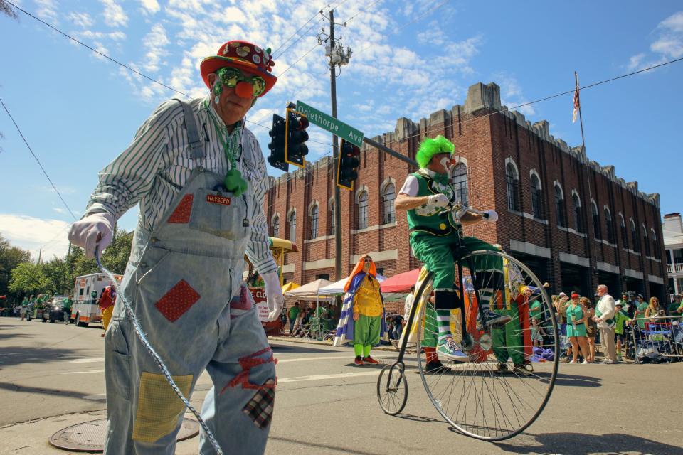 Alee Shriner Clowns make their way down Abercorn with bikes and invisible dogs during the Savannah St. Patrick's Day Parade on Saturday, March 16, 2024.