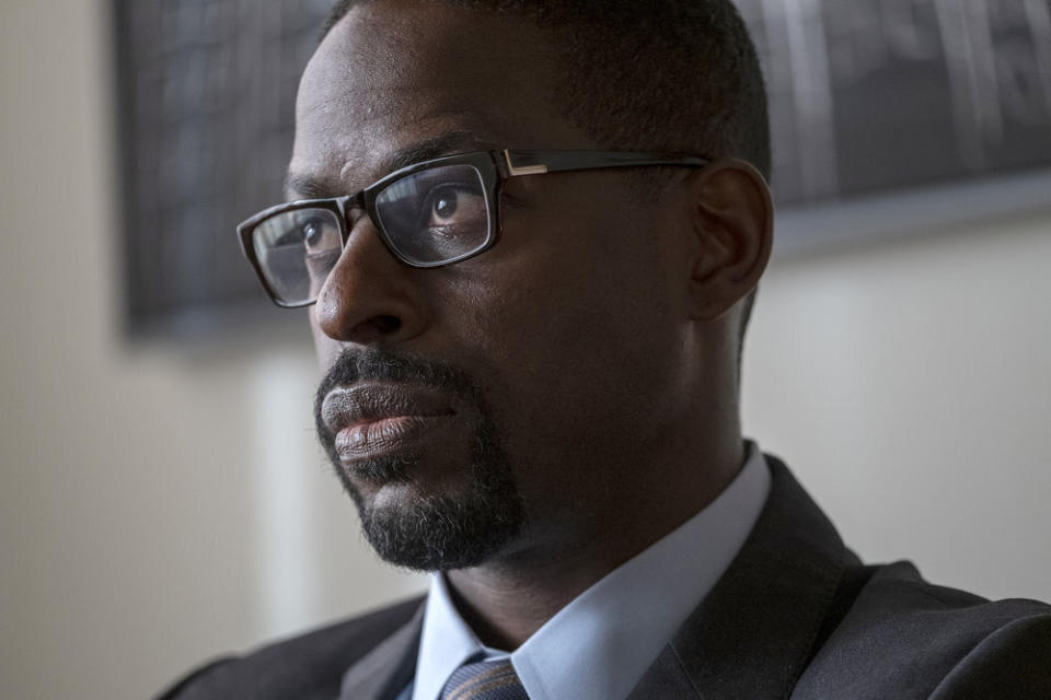 This image released by NBC shows Sterling K. Brown in a scene from "This Is Us." Season five debuts Tuesday and will address the pandemic and Black Lives Matter movement. (Ron Batzdorff/NBC via AP)