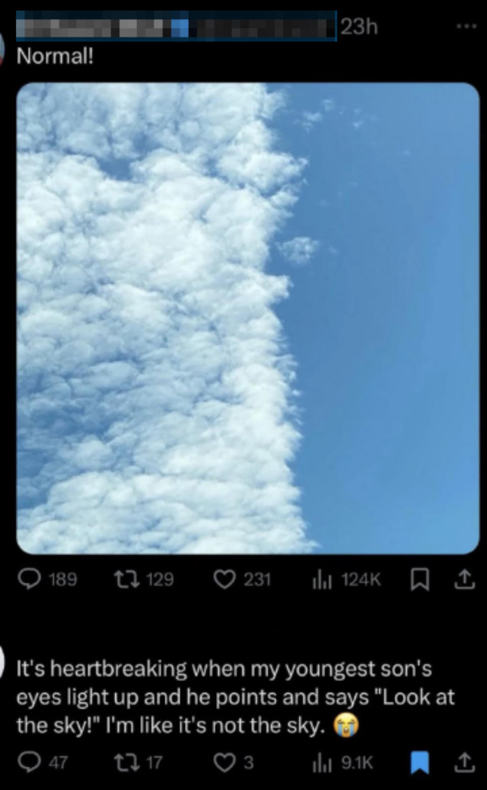 An extensive cloud formation is shown, covering part of the sky. A tweet reads: "It's heartbreaking when my youngest son's eyes light up and he points and says 'Look at the sky!' I'm like it's not the sky."