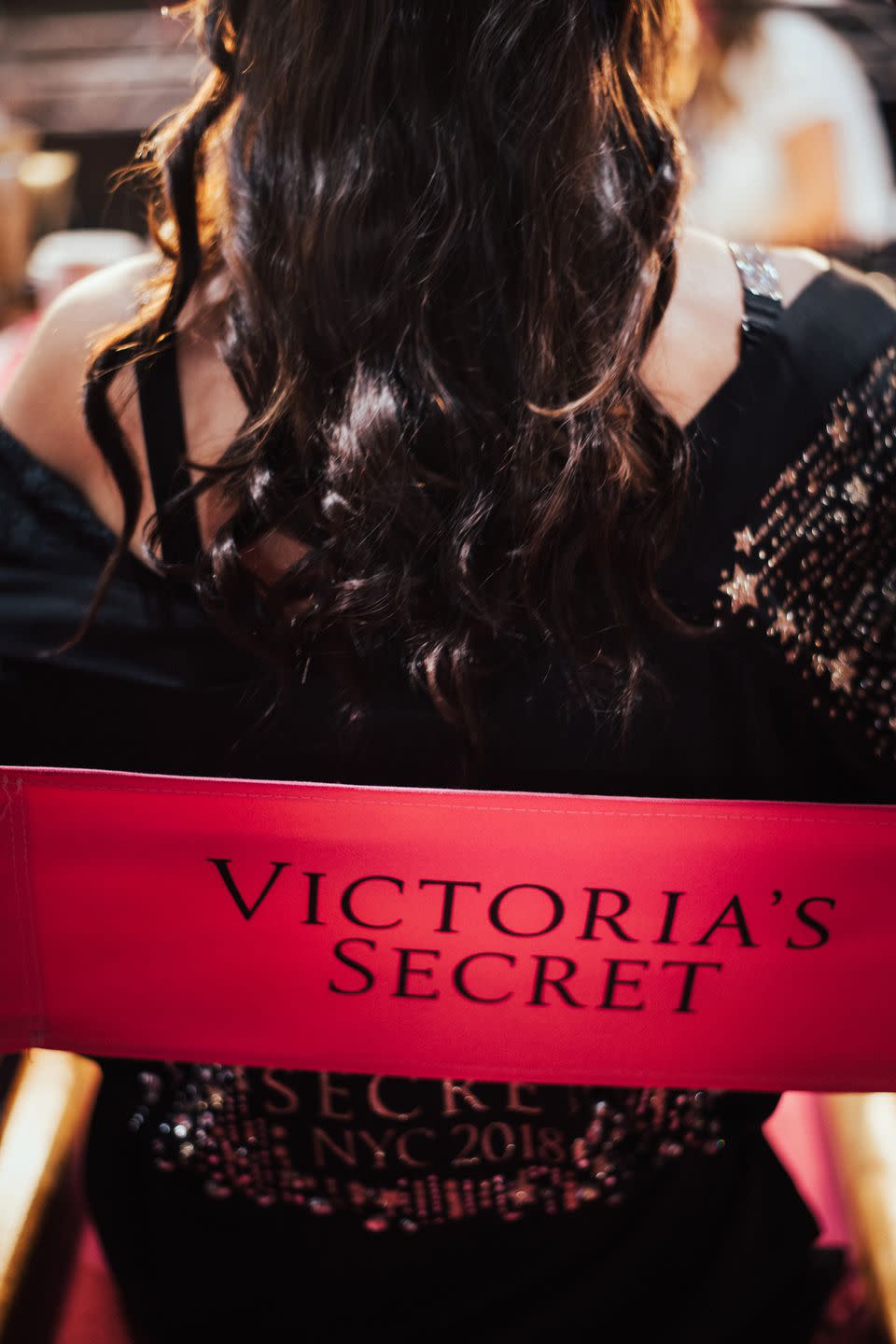 <p>A closeup shot at the iconic Victoria's Secret chair (and voluminous blowout). </p>