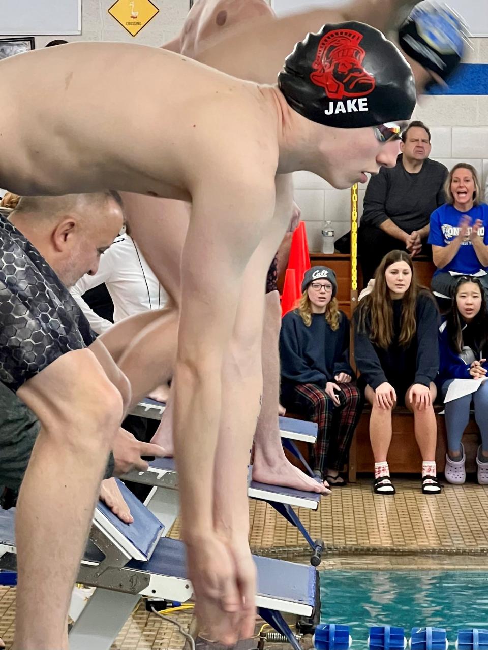 Jake Dendinger gets ready to compete for Pleasant during the Mid Ohio Athletic Conference Swimming Championship in Ontario this year. Dendinger helped lead the Marion Family YMCA Dolphins to success in the pool this summer.