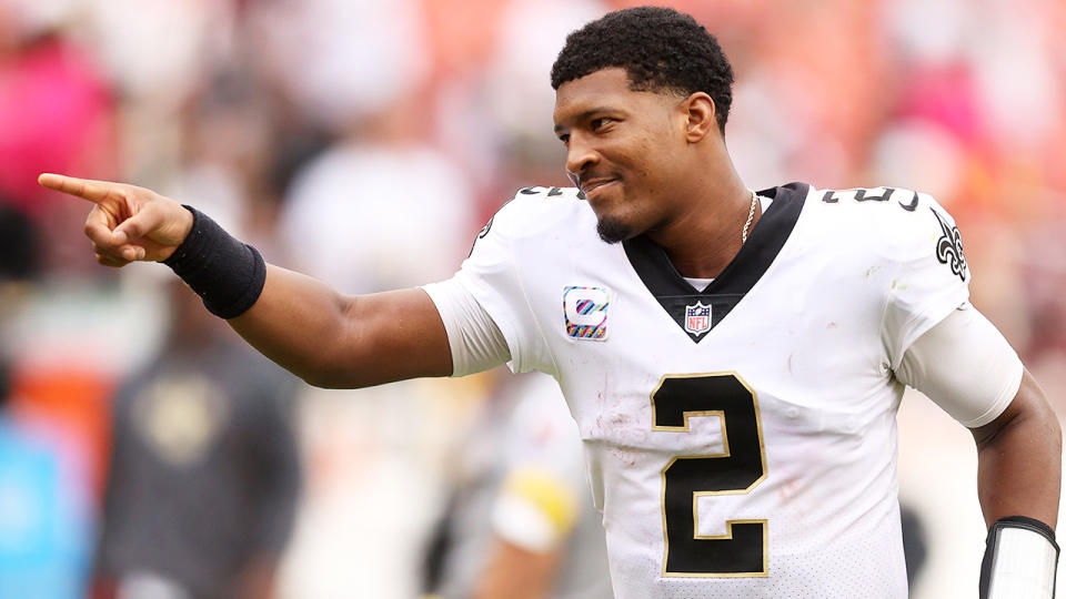 New Orleans Saints QB Jameis Winston threw an incredible hail Mary touchdown against Washington during week 5 of the NFL season. (Photo by Patrick Smith/Getty Images)