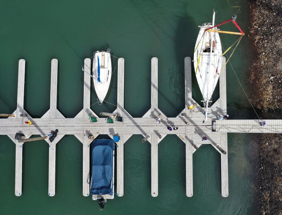 Sailboats are hoisted into the Great Salt Lake marina in Salt Lake City on Tuesday, June 6, 2023. Water levels have risen enough for sailing on the lake. | Jeffrey D. Allred, Deseret News