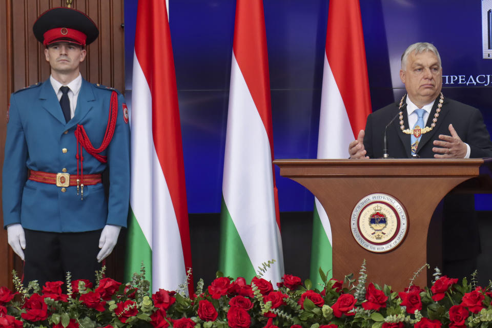 In this photograph made available by the Republika Srpska Presidential Press Service, Hungary's Prime Minister Viktor Orban speaks after receiving the Order of Republika Srpska from Bosnian Serb leader Milorad Dodik during his visit to Banja Luka, Bosnia, Friday, April 5, 2024. Orban is on a two-day visit to Bosnia and Herzegovina. (Republika Srpska Presidential Press Service via AP)