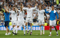 Football Soccer - Real Madrid v Manchester City - UEFA Champions League Semi Final Second Leg - Estadio Santiago Bernabeu, Madrid, Spain - 4/5/16Real Madrid's James Rodriguez, Mateo Kovacic, Gareth Bale, Luka Modric and Raphael Varane celebrate with fans after the gameReuters / Paul HannaLivepic