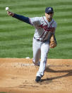 Atlanta Braves starting pitcher Charlie Morton throws during the first inning of a baseball game against the Philadelphia Phillies, Saturday, April 3, 2021, in Philadelphia. (AP Photo/Laurence Kesterson)