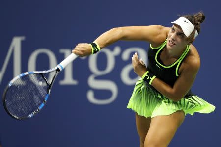 Sep 5, 2016; New York, NY, USA; Ana Konjuh of Croatia serves against Agnieszka Radwanska of Poland (not pictured) on day eight of the 2016 U.S. Open tennis tournament at USTA Billie Jean King National Tennis Center. Mandatory Credit: Geoff Burke-USA TODAY Sports