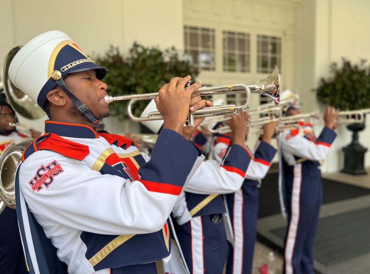 Virginia State University's Trojan Explosion Marching Band performs at a White House Black History Month celebration on Monday, Feb. 27, 2023.