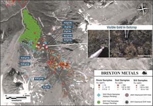 Plan View of Drill Collars, Rock and Soil Samples at the Trapper Gold Target