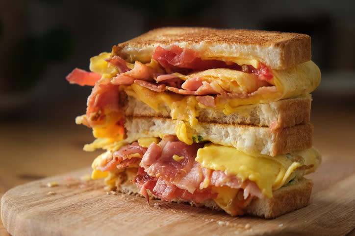 Bacon, egg and cheese grilled sandwich.