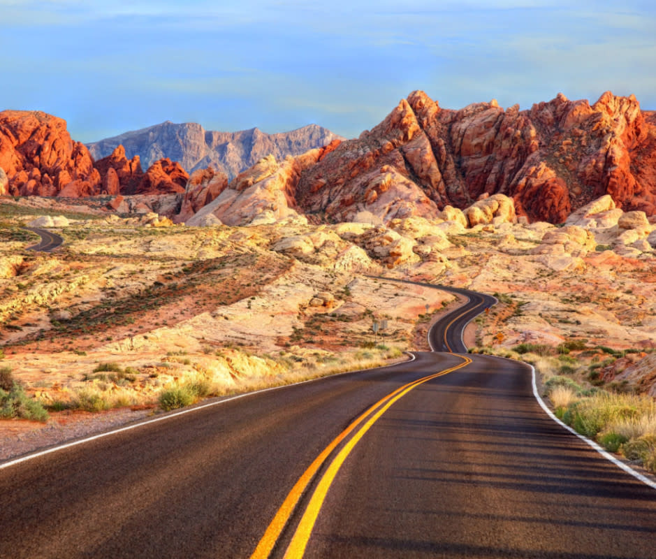 <em>50 miles northeast of Sin City, </em>Valley of Fire State Park's 40,000-acre Mars-scape of Aztec sandstone formations can be explored by car, bicycle, or hiking boot. <p>Denis Tangney Jr/Getty Images</p>