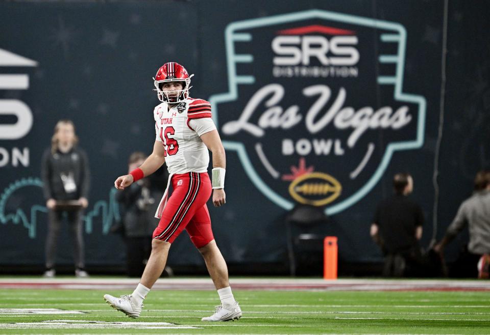 Utah Utes quarterback Bryson Barnes (16) walks off the field after being sacked as Utah and Northwestern play in the SRS Distribution Las Vegas Bowl on Saturday, Dec. 23, 2023.