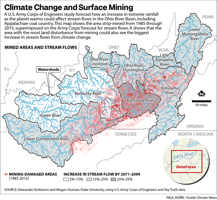An area strip mined from 1985 through 2015 is superimposed on the Army Corps of Engineers' forecast for stream flows. The area with the most land disturbance from mining could see the biggest increase in stream flows from climate change.