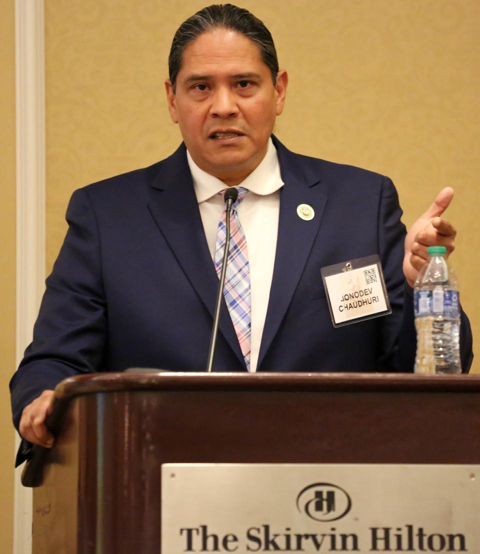 Jonodev Chaudhuri, an ambassador of the Muscogee Nation, speaks during a June 2023 event in Oklahoma City. Chaudhuri spoke this week during a U.S. Senate Indian Affairs committee hearing.