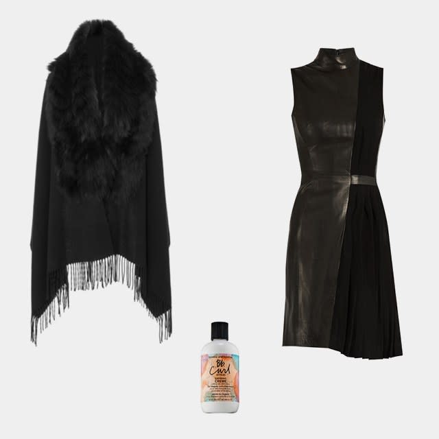 Pologeorgis cashmere fur shawl, $950, <a rel="nofollow noopener" href="http://rstyle.me/n/cp9z5bcbu4p" target="_blank" data-ylk="slk:modaoperandi.com;elm:context_link;itc:0;sec:content-canvas" class="link ">modaoperandi.com</a>; Mugler high-neck leather and pleated-cady dress, $1,150, <a rel="nofollow noopener" href="http://rstyle.me/n/cp92cacbu4p" target="_blank" data-ylk="slk:matchesfashion.com;elm:context_link;itc:0;sec:content-canvas" class="link ">matchesfashion.com</a>; Bumble and Bumble Bb. curl (style) defining crème, $31, <a rel="nofollow noopener" href="http://rstyle.me/~a1dlc" target="_blank" data-ylk="slk:sephora.com;elm:context_link;itc:0;sec:content-canvas" class="link ">sephora.com</a>