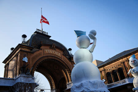 The flag at half staff in seen at Tivoli Garden after the announcement of Prince Henrik's death, in Copenhagen, Denmark, February 14, 2018. Ritzau Scanpix Denmark/Philip Davali via REUTERS