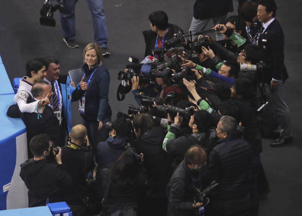 <p>Yuzuru Hanyu of Japan poses for cameraman as he leaves the ice after winning the gold medal in the men’s free figure skating final in the Gangneung Ice Arena at the 2018 Winter Olympics in Gangneung, South Korea, Saturday, Feb. 17, 2018. (AP Photo/Morry Gash) </p>