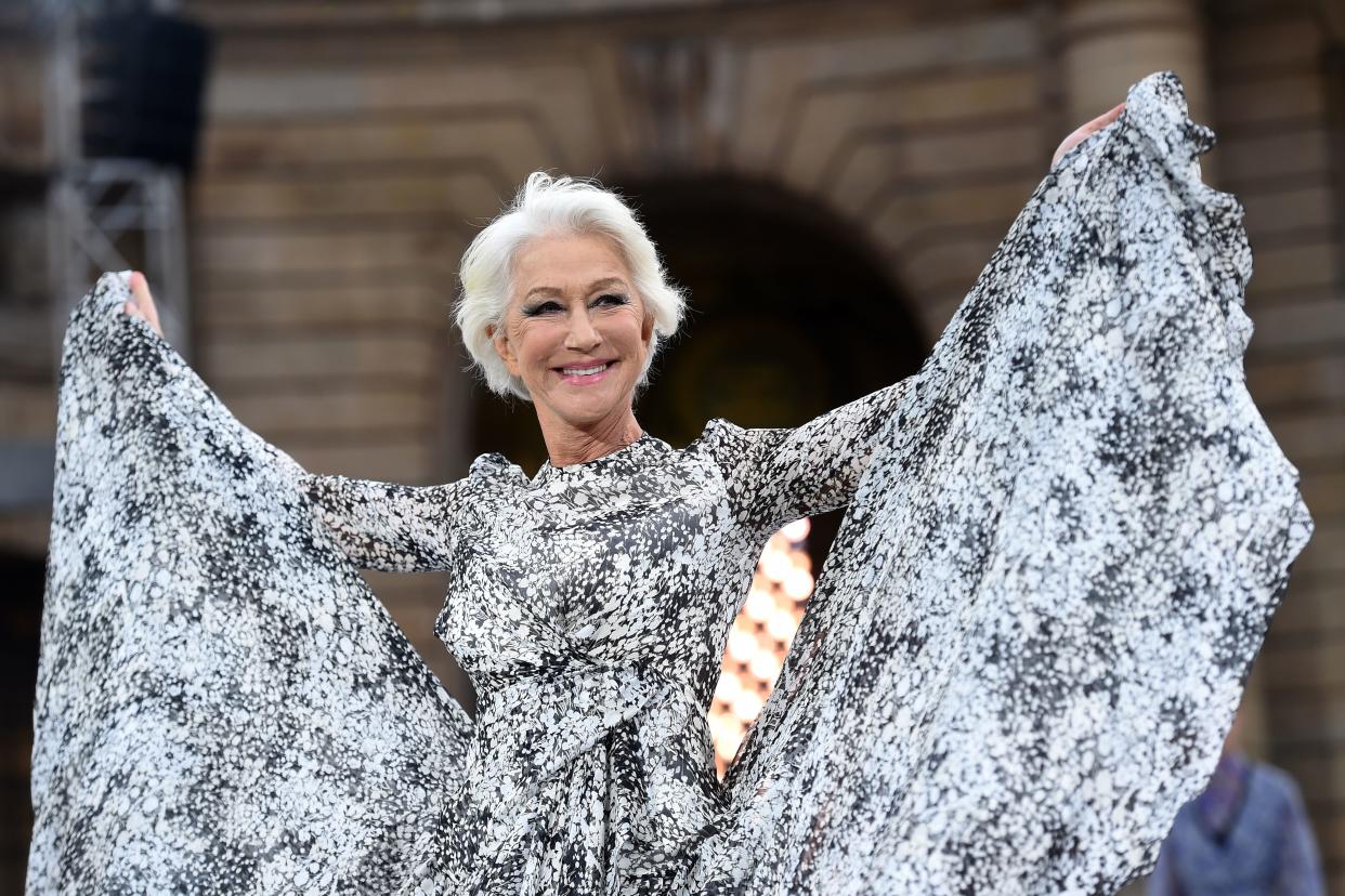 British actress Helen Mirren presents a creation for L'Oreal during the Women's Spring-Summer 2020 Ready-to-Wear collection fashion show at the Monnaie de Paris, in Paris on September 28, 2019. (Photo by Lucas BARIOULET / AFP)        (Photo credit should read LUCAS BARIOULET/AFP/Getty Images)