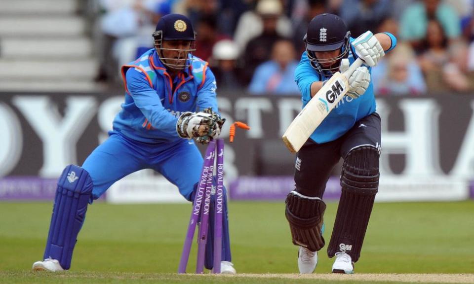 MS Dhoni, seen here stumping England’s Joe Root at Trent Bridge in 2014, has the third highest number of ODI wicketkeeping dismissals, with 444 from 350 matches.