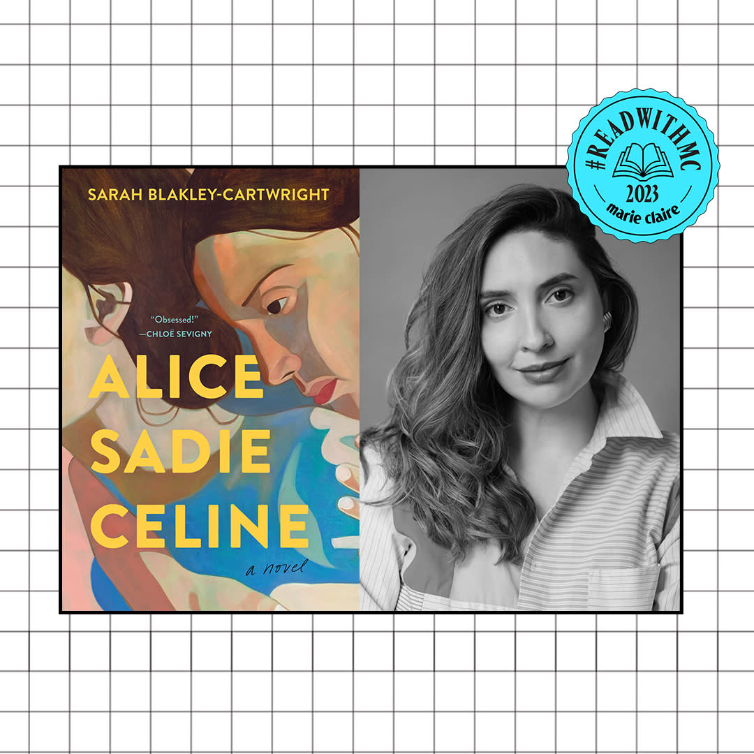  Split image of Alice Sadie Celine book cover and Sarah Blakley-Cartwright headshot overlaid grid background with blue ReadWithMC stamp . 