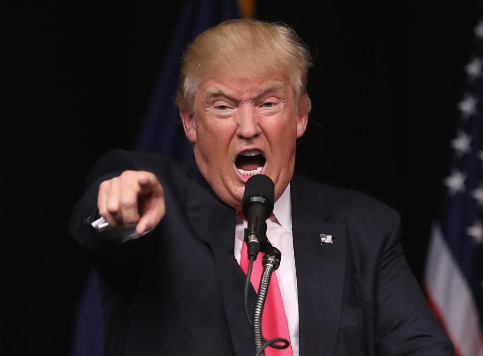 Republican Presidential candidate Donald Trump jeers the media in front a crowd of supporters on July 27, 2016 in Scranton, Pennsylvania.