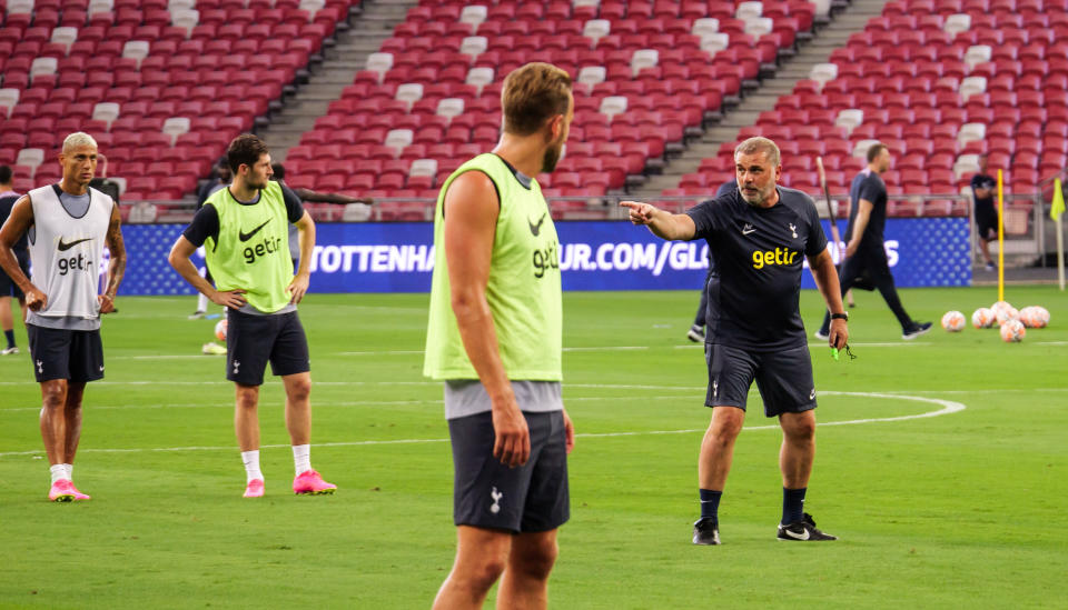 Tottenham manager Ange Postecoglou leads the training session at the National Stadium ahead of their Festival of Football match against Lion City Sailors. (PHOTO: Jay Chan/Yahoo News Singapore)