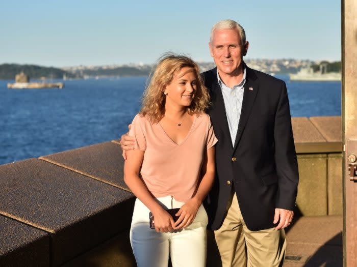 SYDNEY, AUSTRALIA - APRIL 23: U.S. Vice President Mike Pence (R) visits the Opera House with his daughter Charlotte on April 23, 2017 in Sydney, Australia. Pence is visiting Australia on a three-day official tour during which he is holding talks with high officials on bilateral and international issues. (Photo by Peter Parks-Pool/Getty Images)