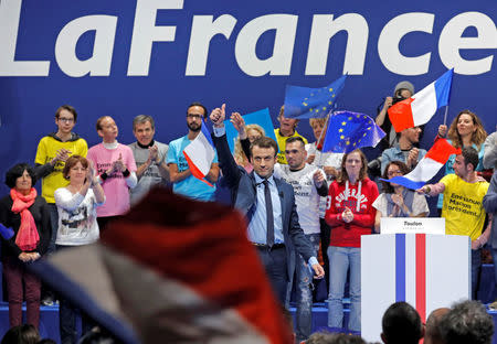 Emmanuel Macron, head of the political movement En Marche !, or Forward !, and candidate for the 2017 French presidential election, attends a political rally in Toulon, France February 18, 2017. REUTERS/Jean-Paul Pelissier