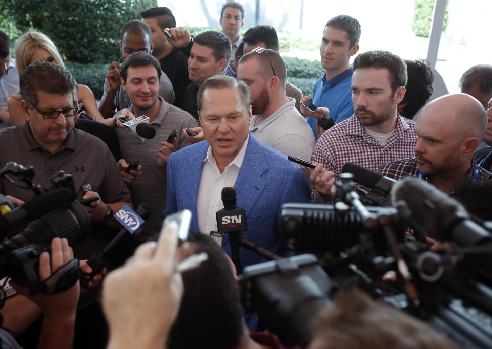 Sports agent Scott Boras answers questions during a news conference at the annual MLB baseball general managers’ meetings, Wednesday, Nov. 15, 2017, in Orlando, Fla. (AP)