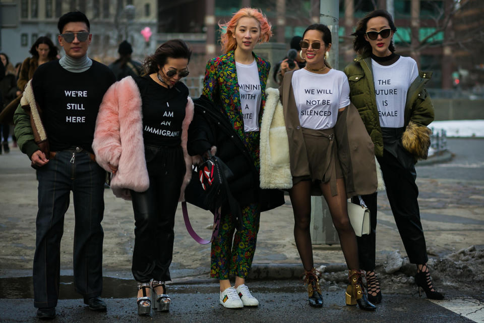 Bryanboy, Tina Craig, Irene Kim, Aimee Song, and Chriselle Lim wear their politics on their tees at New York Fashion Week.