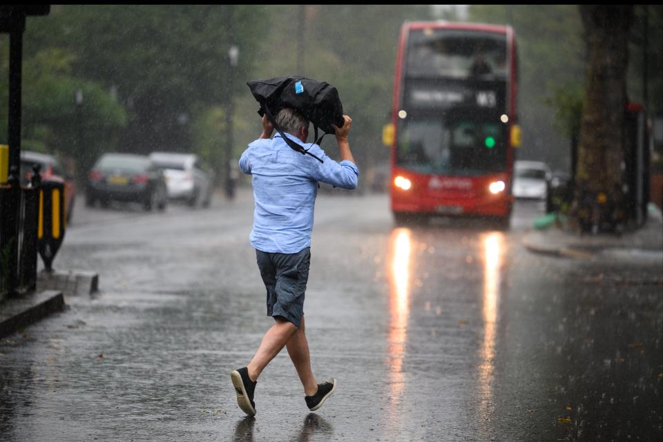 One social media user joked she “wasn’t sure whether to run or swim” around the streets of London, while another compared it to “monsoon weather” in Croydon. (Getty Images)