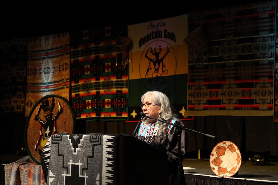 Newly elected President for the Mescalero Apache Tribe, Thora Walsh Padilla speaking at the 2024 tribal inauguration at the Inn of the Mountain Gods Casino and Resort on Friday, Jan. 12.