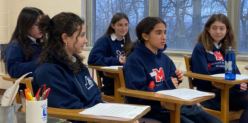 (Left to right): Sophia Chmura of Tewksbury, Gemma LoGrippo of Westfield, Sarah Algier of Metuchen, and Maria Pasqua of Whippany. Sabrina Tse of Warren is the student in the back whose face is not in full view.