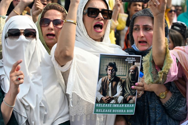 Supporters of former Pakistan prime minister Imran Khan protest outside an Islamabad court, demanding his release from jail on an illegal marriage charge (Farooq NAEEM)