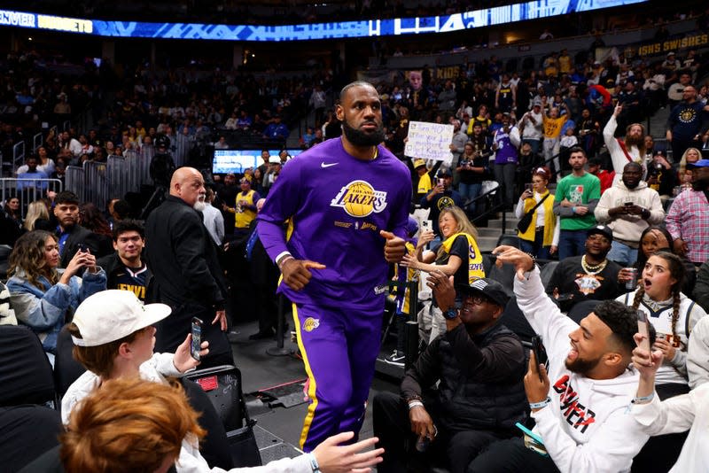 DENVER, CO - OCTOBER 26: LeBron James #6 of the Los Angeles Lakers takes the court against the Denver Nuggets at Ball Arena on October 26, 2022, in Denver, Colorado.