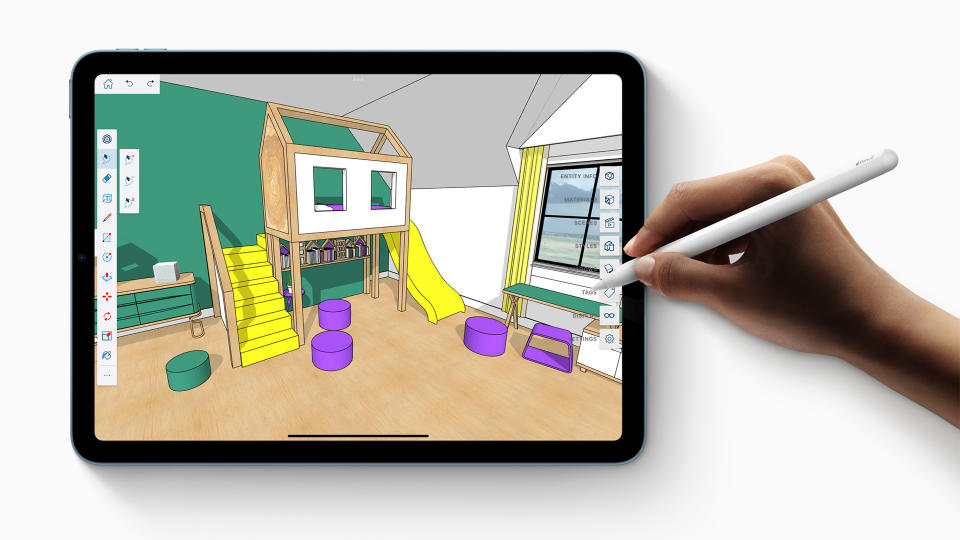Someone sketching a kids' playroom on an Apple iPad Air (5th Generation) with an Apple Pencil