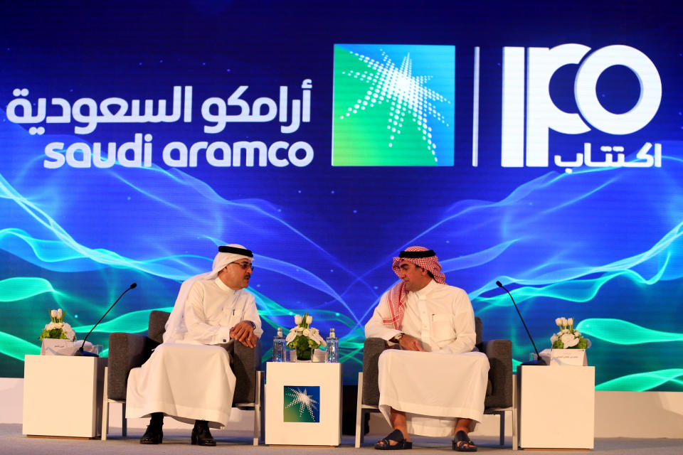 Amin H. Nasser, president and CEO of Aramco, and Yasser al-Rumayyan, Saudi Aramco's chairman, attend a news conference at the Plaza Conference Center in Dhahran, Saudi Arabia November 3, 2019. REUTERS/Hamad I Mohammed