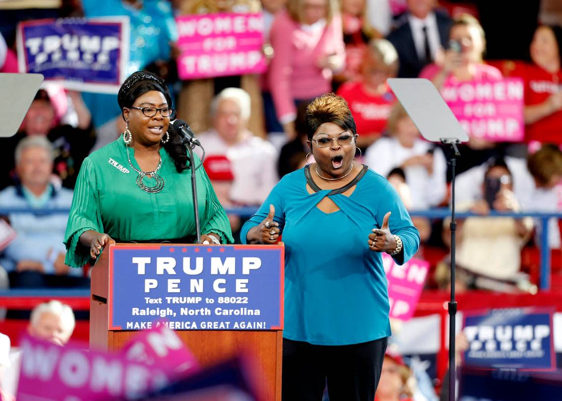 Diamond and Silk fire up the crowd as they tell why they are two Black women voting for Trump before Donald Trump’s speech as he campaigns at Dorton Arena in Raleigh NC on Monday, Nov. 7, 2016.