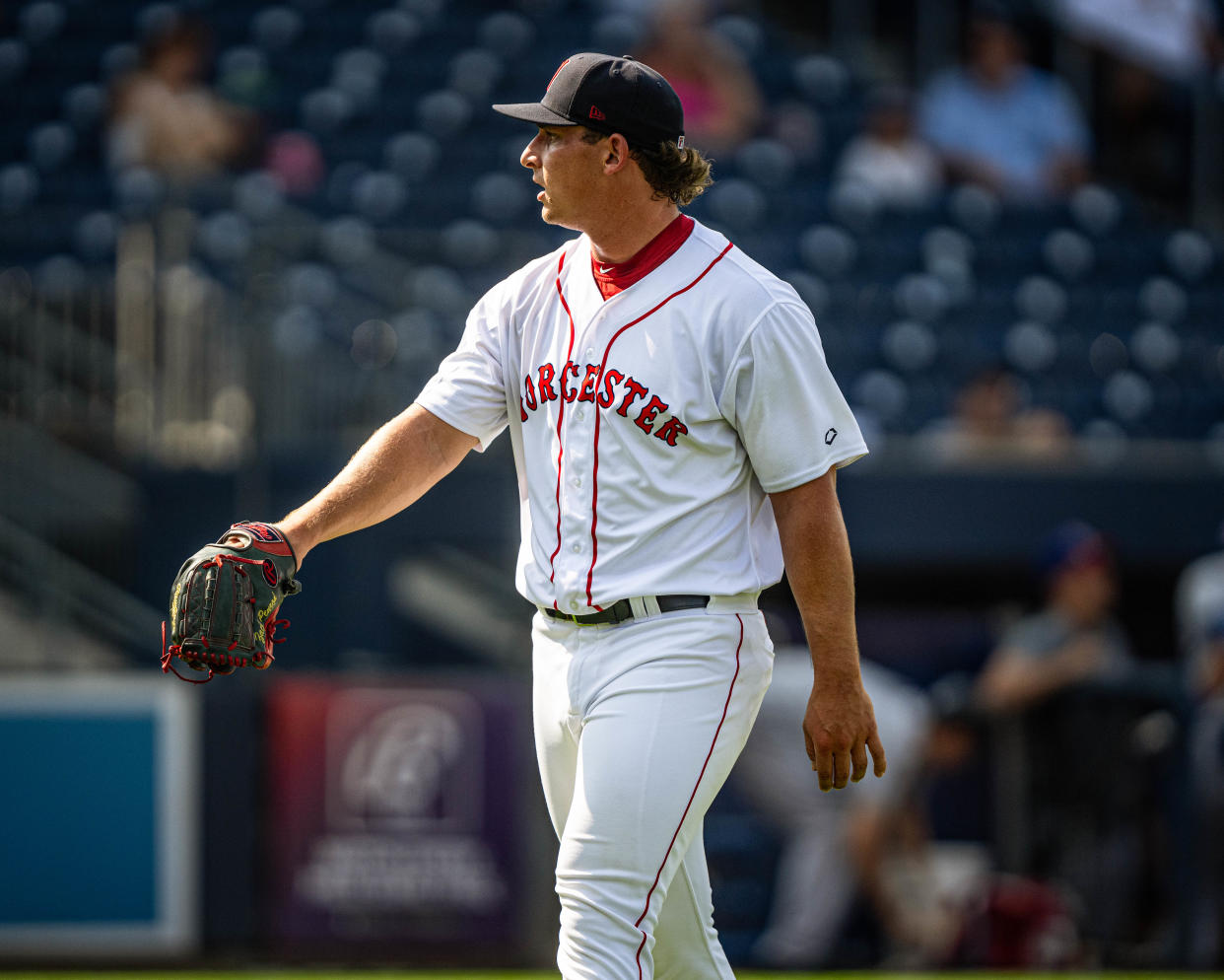 WooSox pitcher Zach Penrod walks off the mound during a game against the Buffalo Bisons on Aug. 1, 2024, at Polar Park.