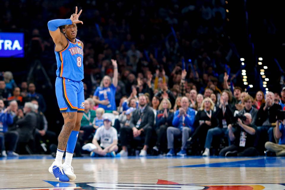 Oklahoma City forward Jalen Williams (8) celebrates after a 3-point play in the second quarter during an NBA game between the Oklahoma City Thunder and the Minnesota Timberwolves at the Paycom Center in Oklahoma City, on Tuesday, Dec. 26, 2023.